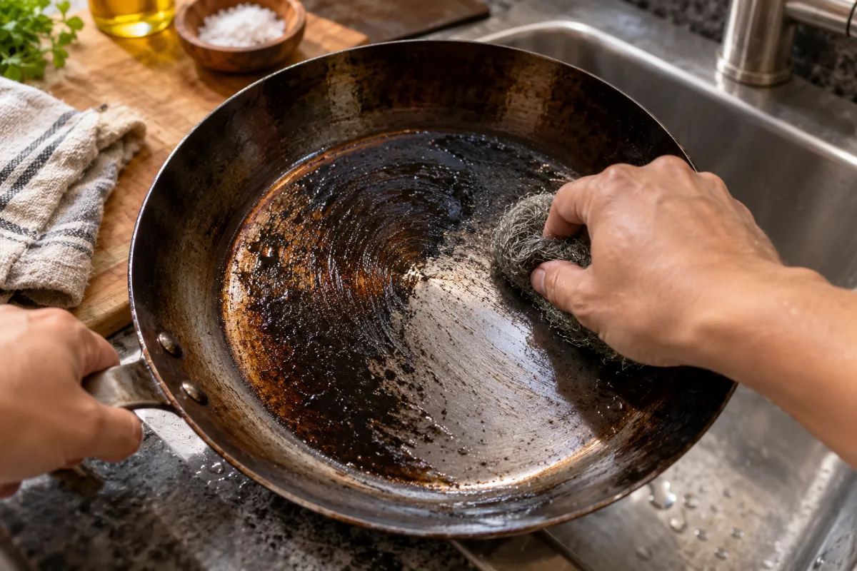 Scrubbing excess seasoning off a carbon steel pan