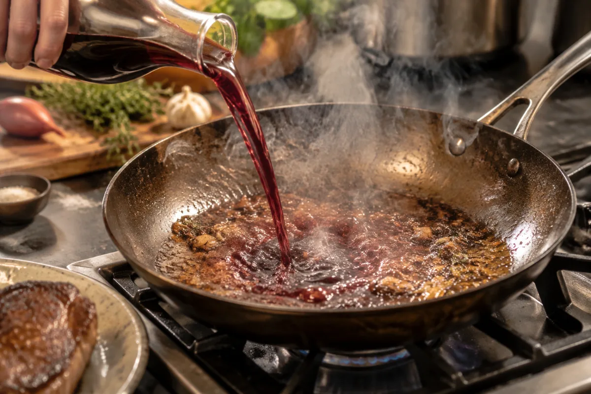 Deglazing a carbon steel pan with wine after searing