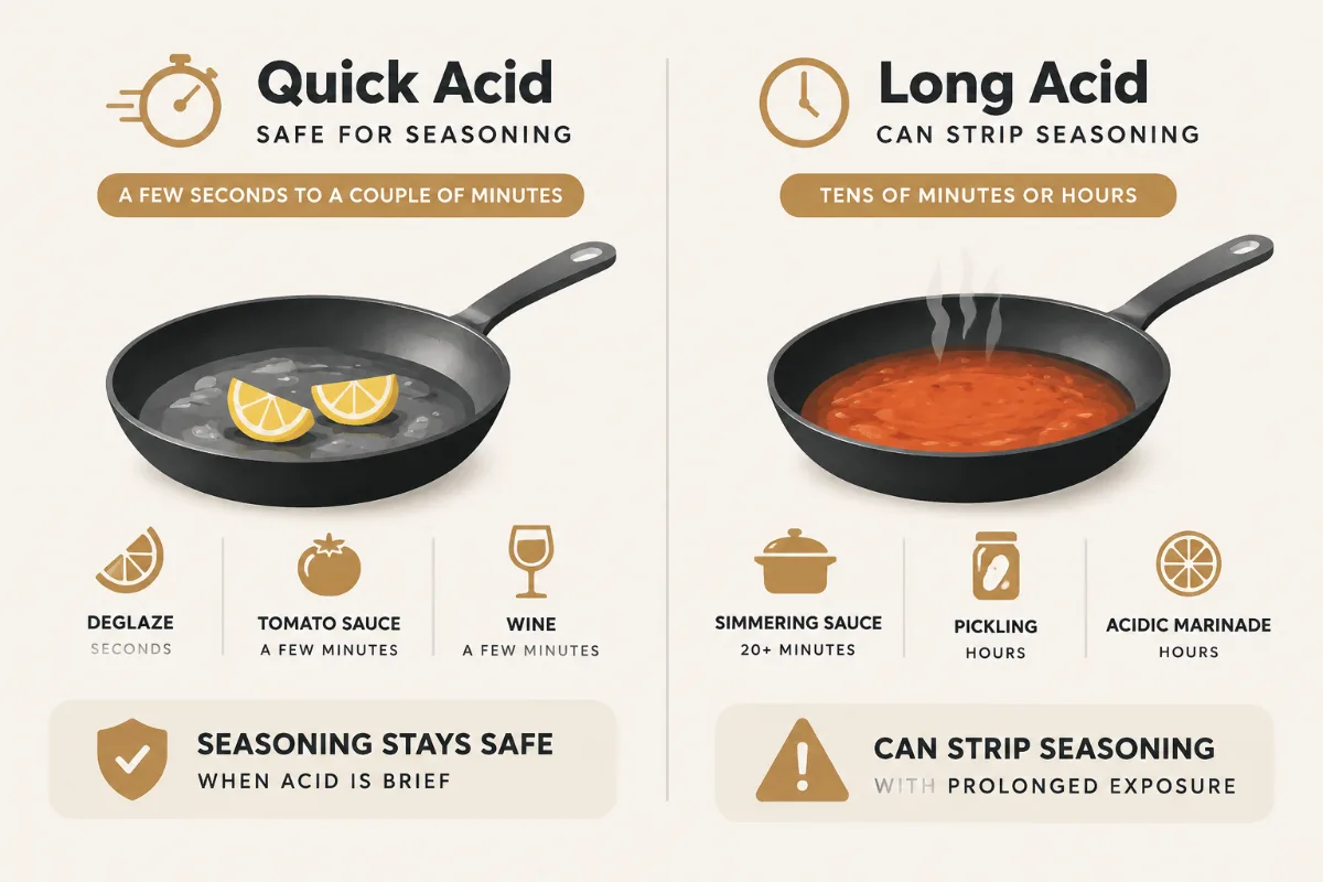 A ‘quick acid vs long acid’ timeline showing where seasoning stays safe and where it starts to strip.