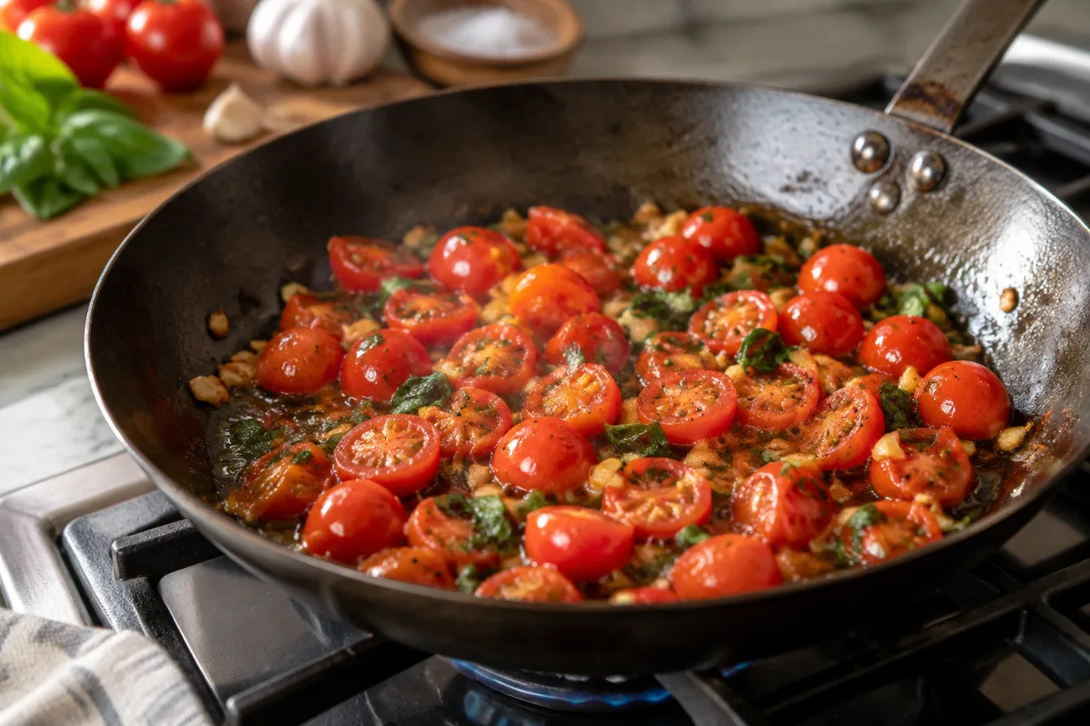 Cooking a quick tomato sauté in a seasoned carbon steel pan