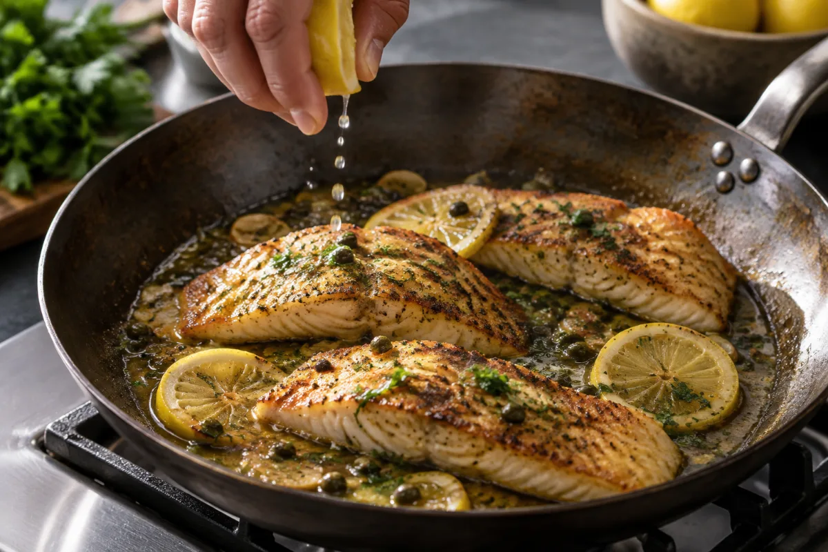 Finishing a dish with lemon in a carbon steel pan