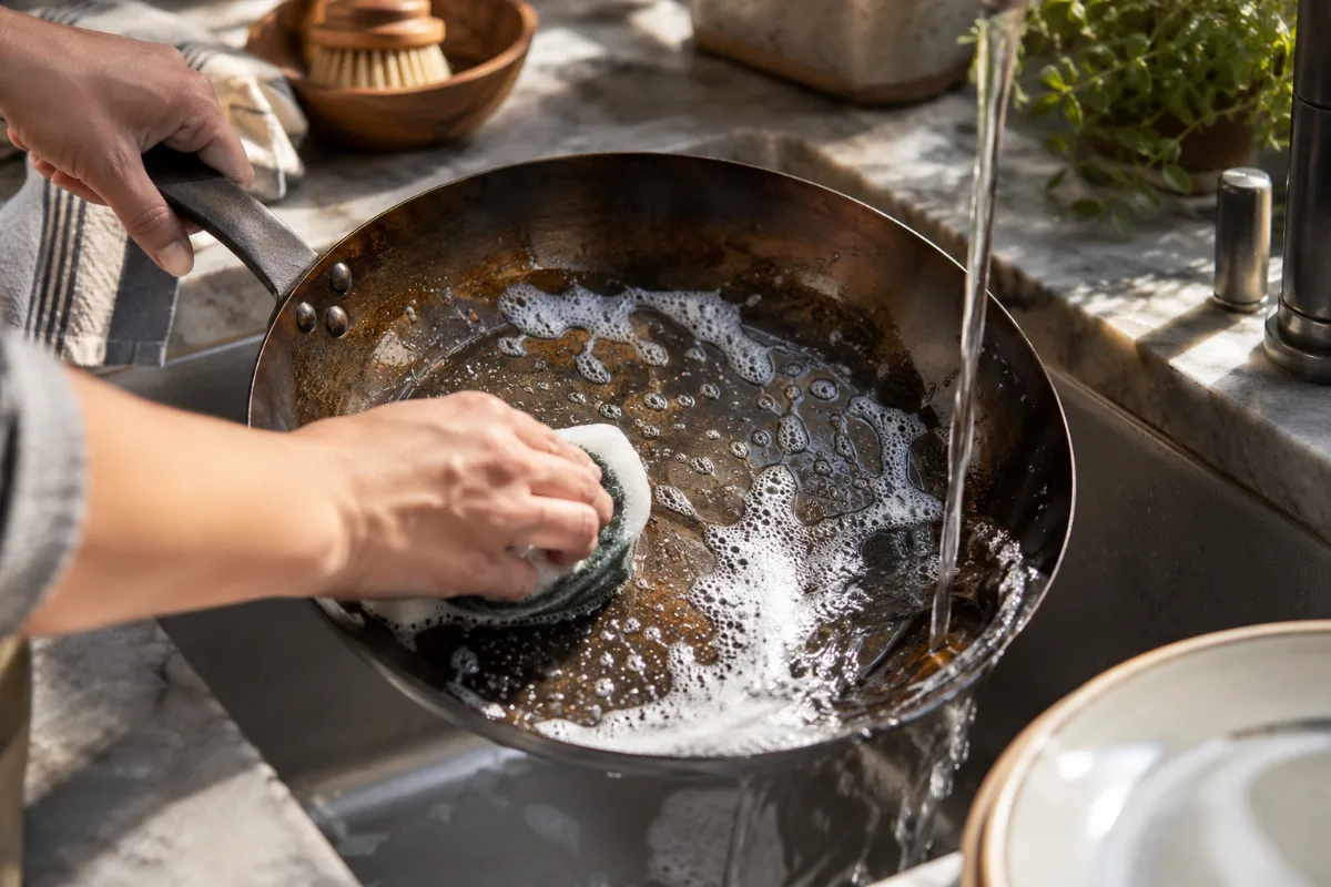 Washing a carbon steel pan with a little dish soap