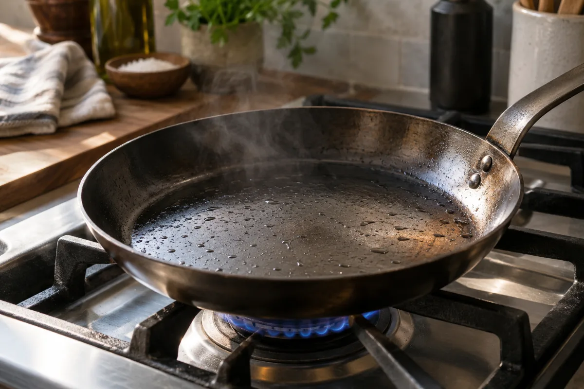 Drying a carbon steel pan over heat after washing