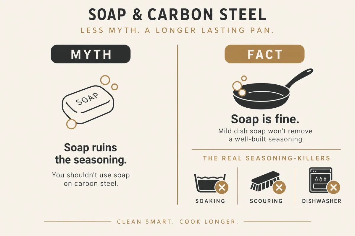 a ‘myth versus fact’ card on soap and carbon steel, with the real seasoning-killers (soaking, scouring, dishwasher) high