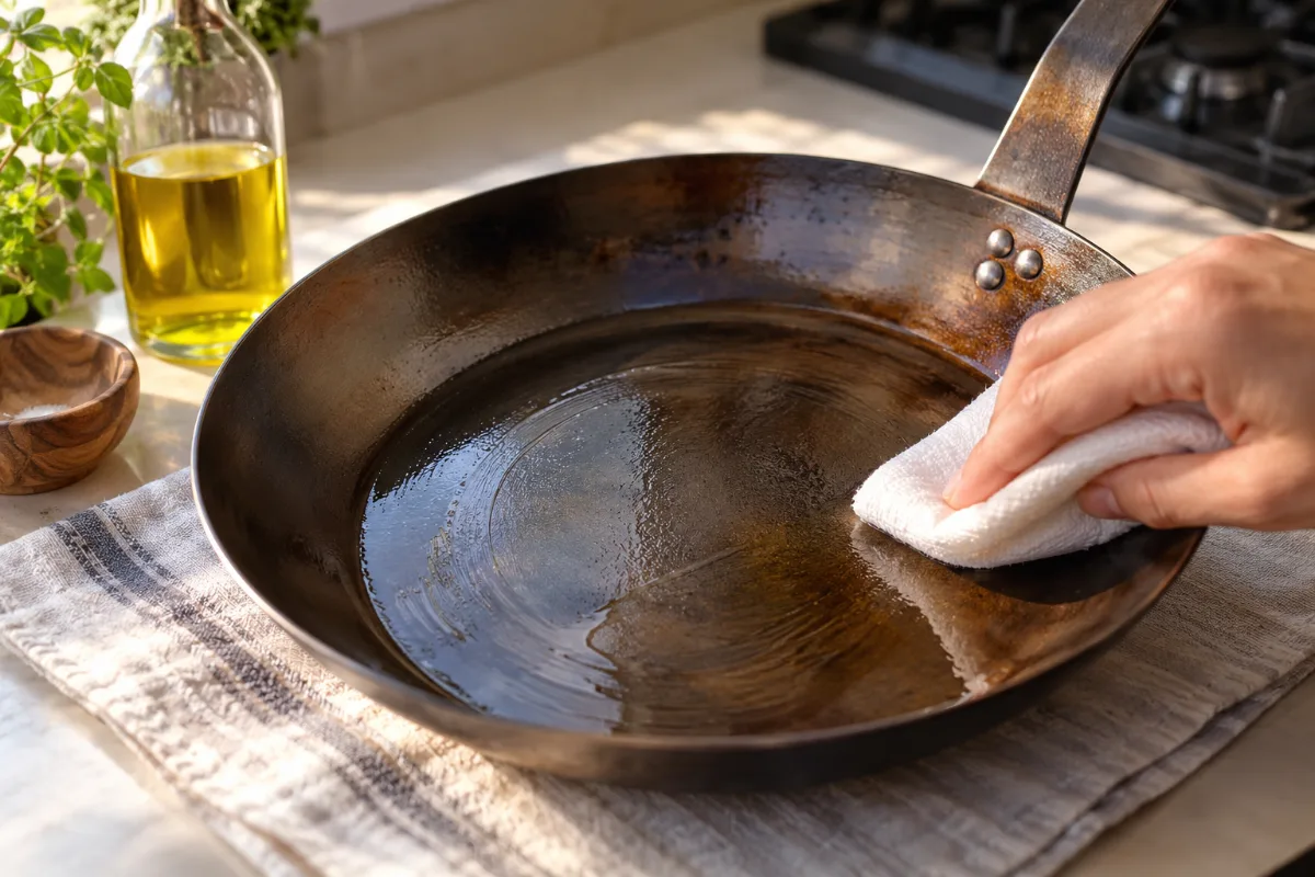 Applying a thin oil coat after washing a carbon steel pan