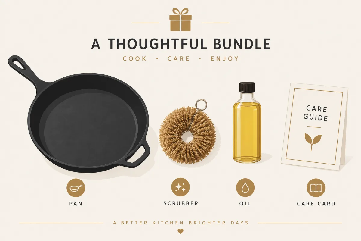 A complete-gift flat-lay graphic showing a pan plus scrubber, oil, and a care card as a thoughtful bundle.