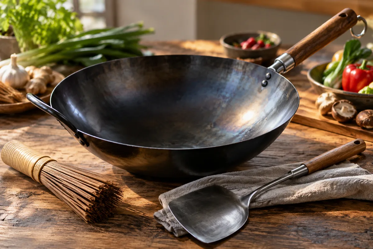 Carbon steel wok gift bundle with brush and spatula