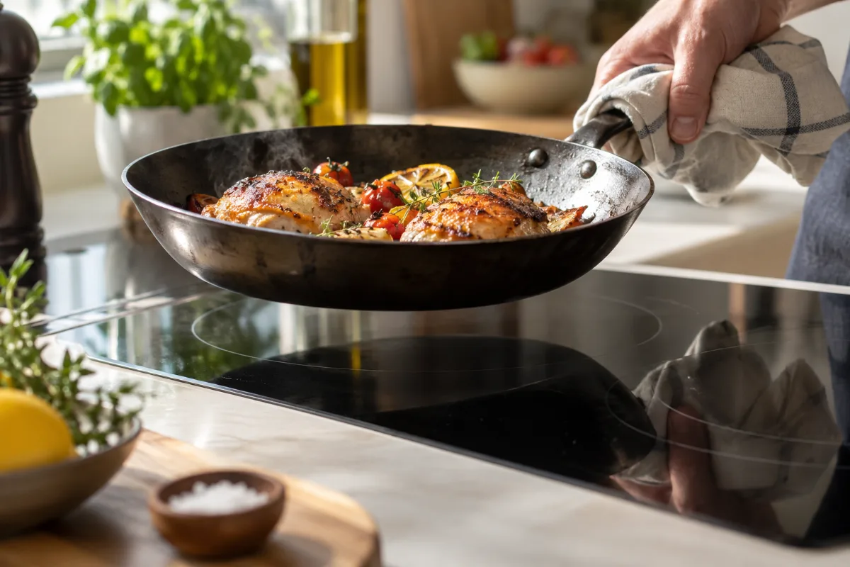 Lifting a carbon steel pan to avoid scratching a glass cooktop