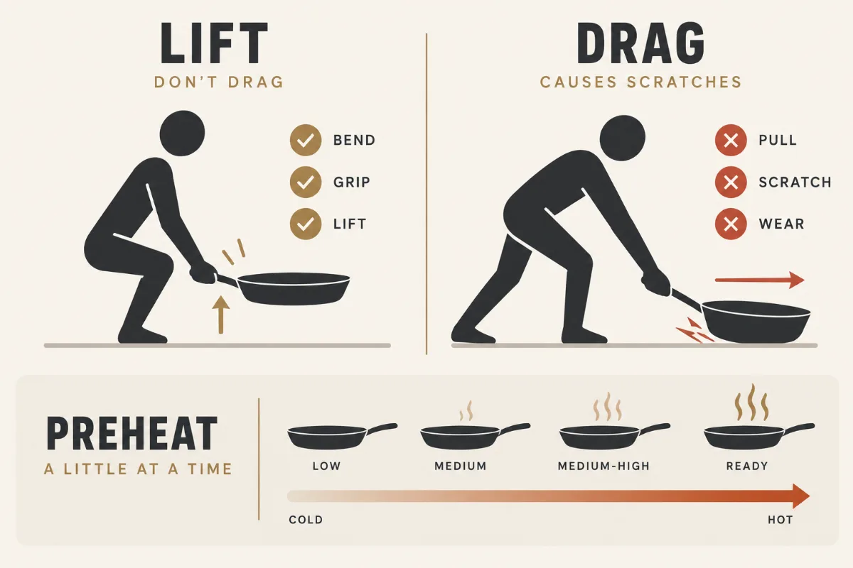 A split ‘lift, don’t drag’ graphic showing the safe lifting motion beside the scratching drag motion, plus a small heat