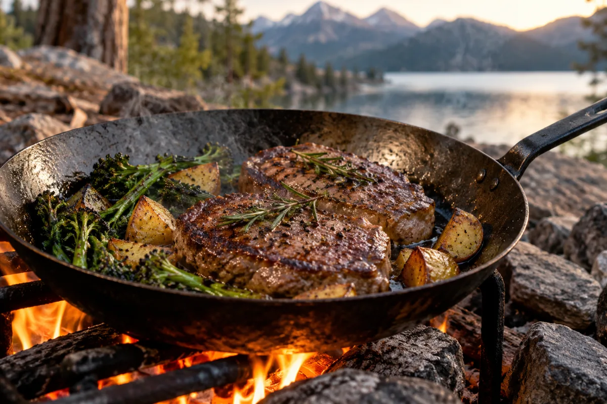 Cooking in a carbon steel pan over an open campfire