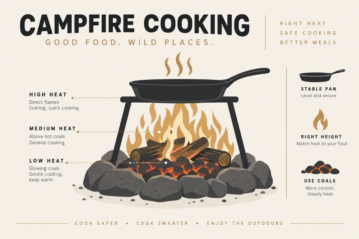 A campfire-cooking setup graphic showing safe pan placement over flame and coals, with heat zones labelled.
