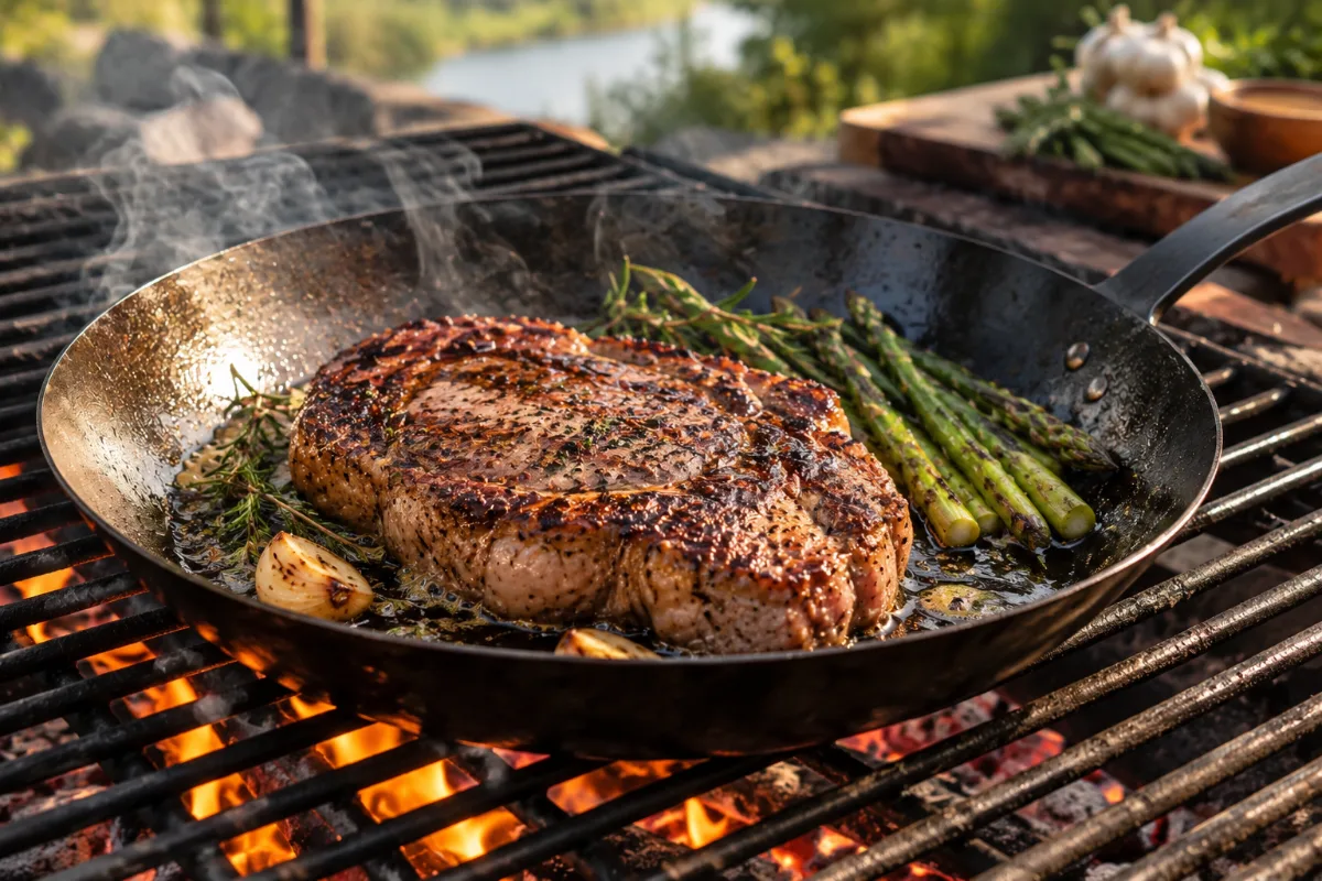 Carbon steel pan searing on a grill grate outdoors