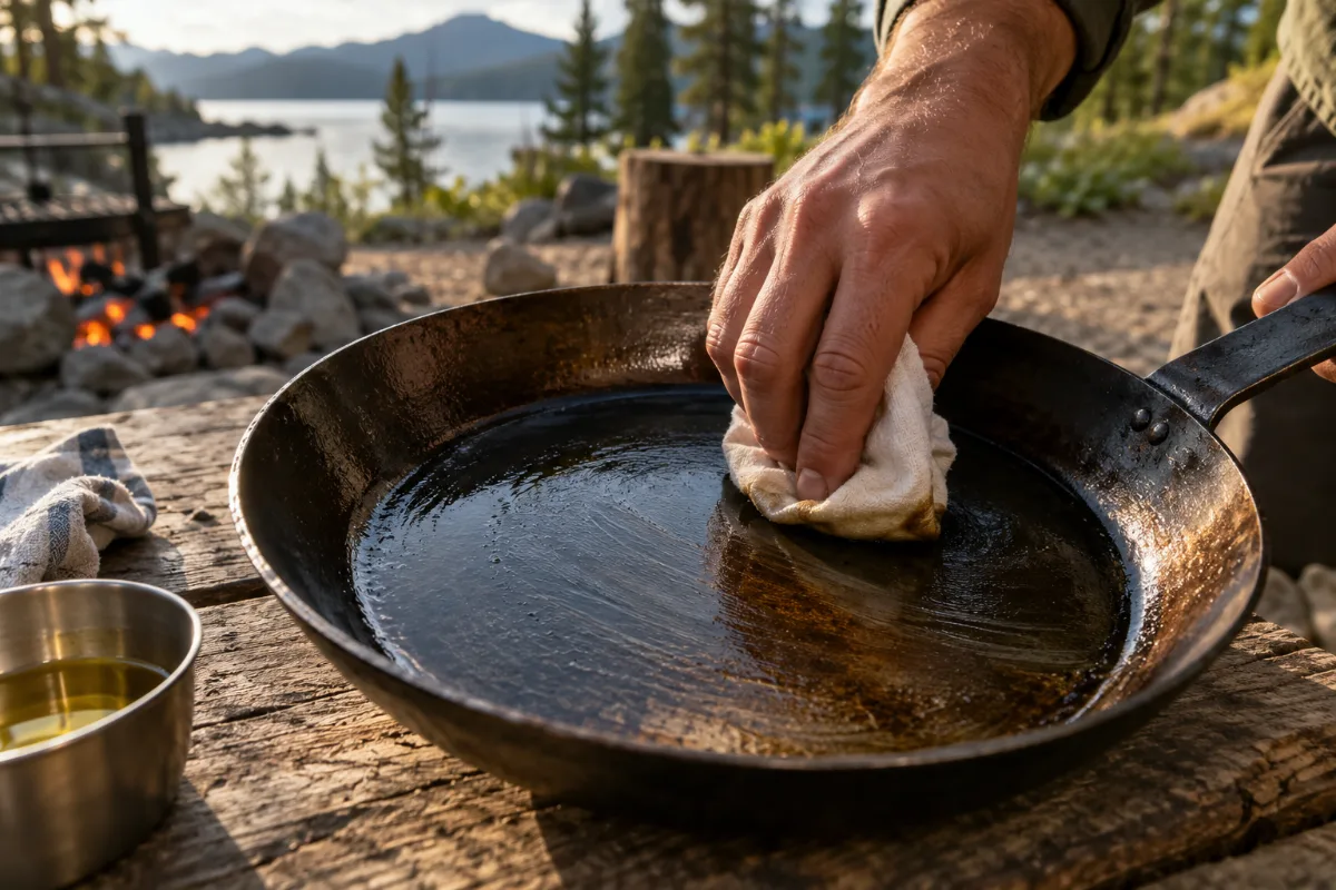 Oiling a carbon steel pan after camp cooking to prevent rust