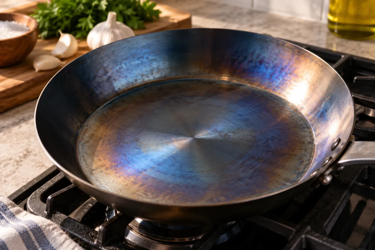Blue heat tint on a carbon steel pan from high heat
