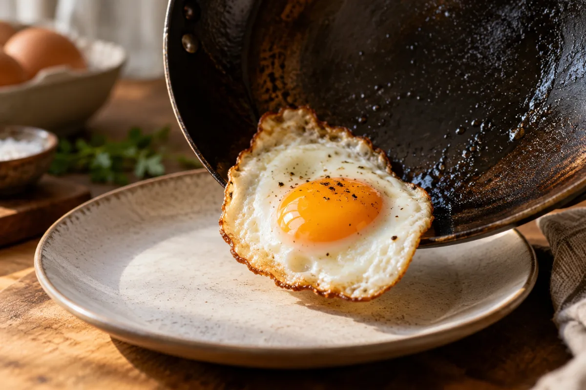 Fried egg releasing without sticking from a seasoned carbon steel pan