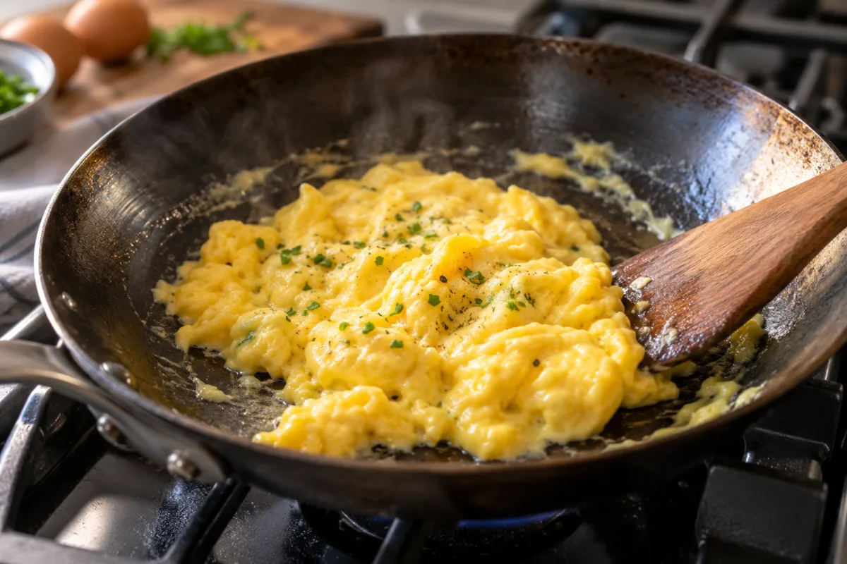 Soft scrambled eggs cooking in a carbon steel pan without sticking