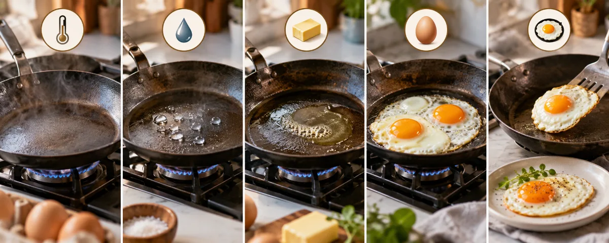 A five-step visual strip showing preheat, water test, add fat, add eggs, clean release. Each step gets a small icon plus