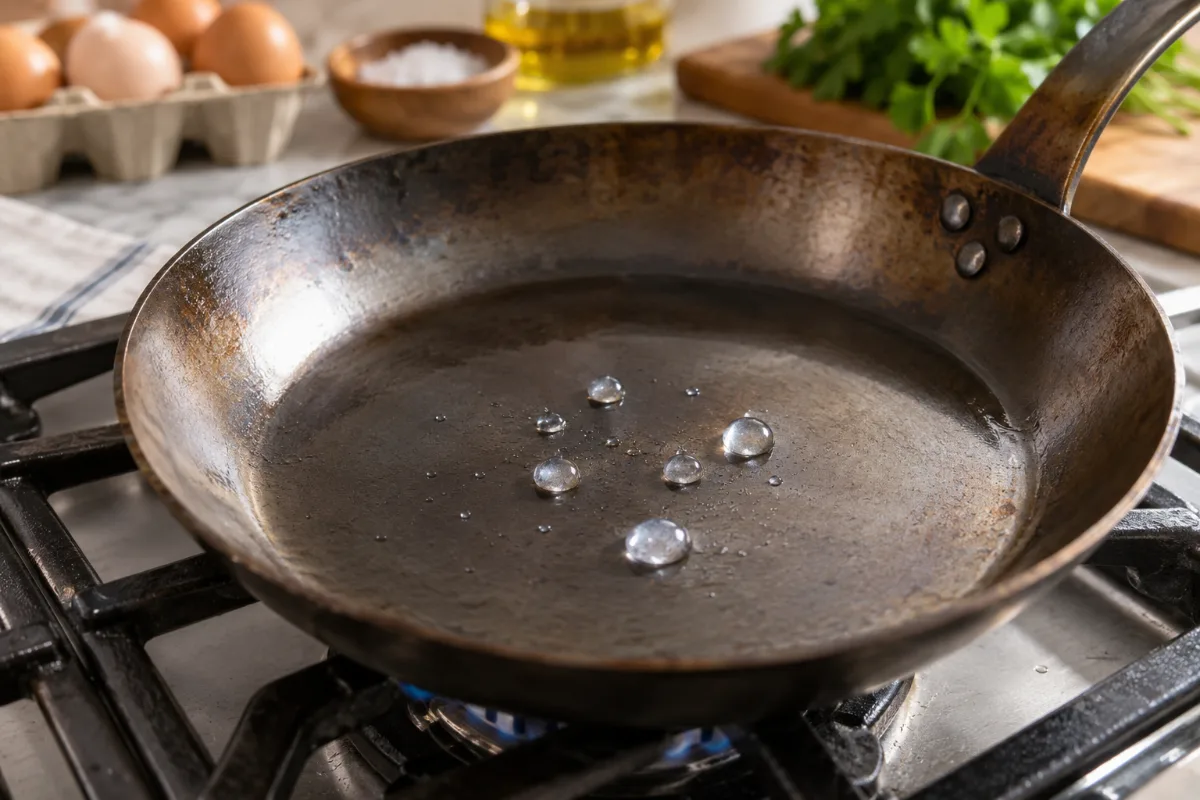 Water bead test showing a carbon steel pan is hot enough for eggs