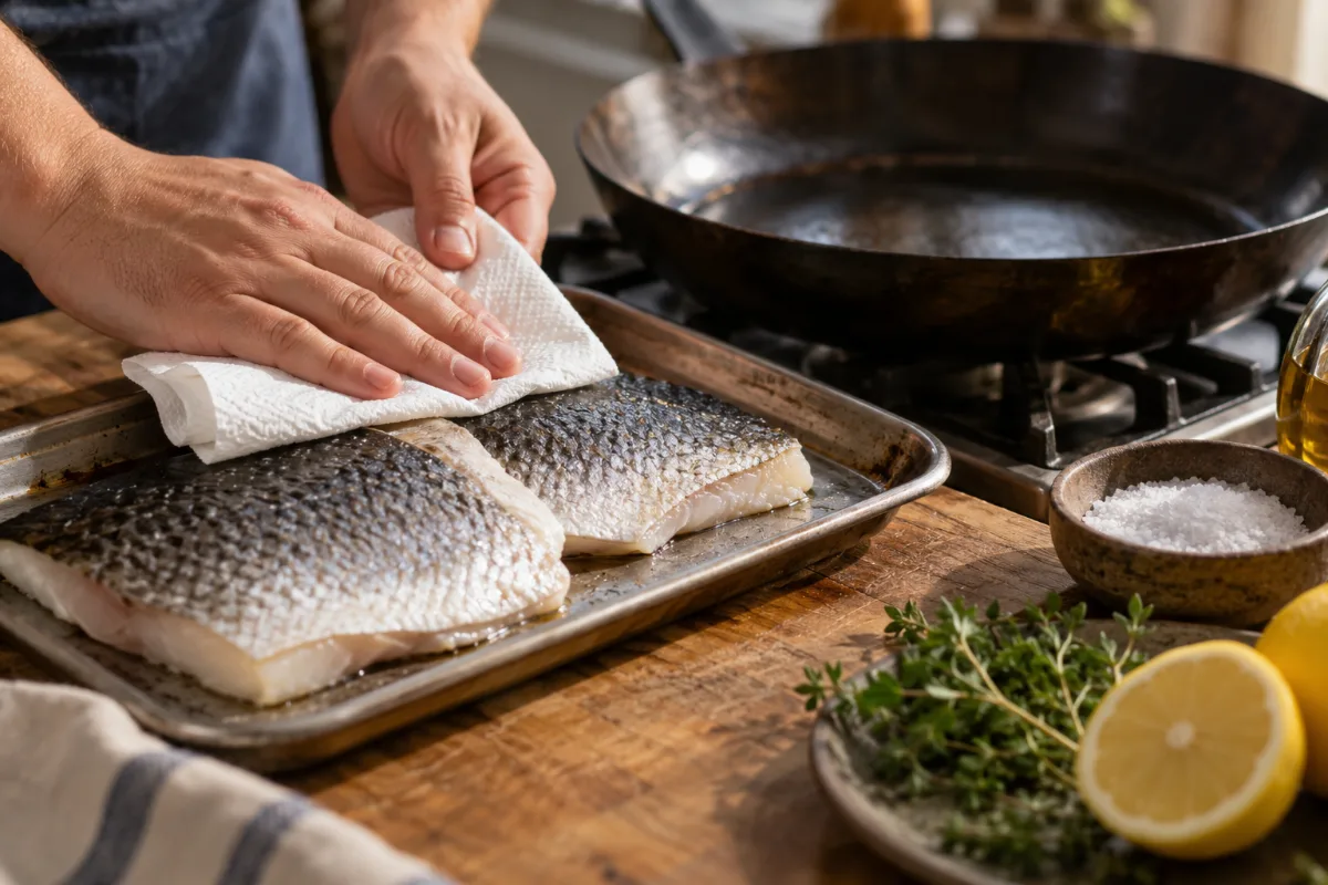 Patting fish skin dry before cooking in carbon steel