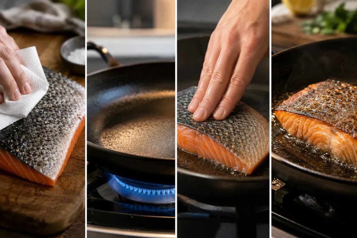 A ‘crispy skin in four steps’ strip: dry, preheat, press, wait, each with the cue and time.