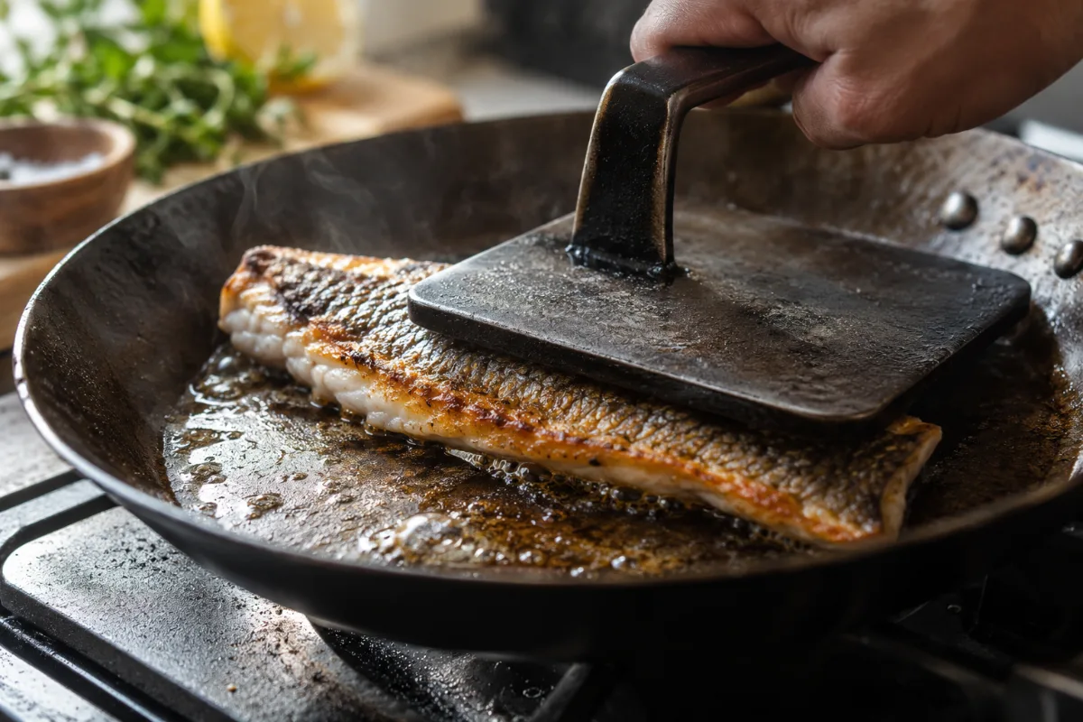 Pressing a fish fillet flat in a carbon steel pan for even crisp skin