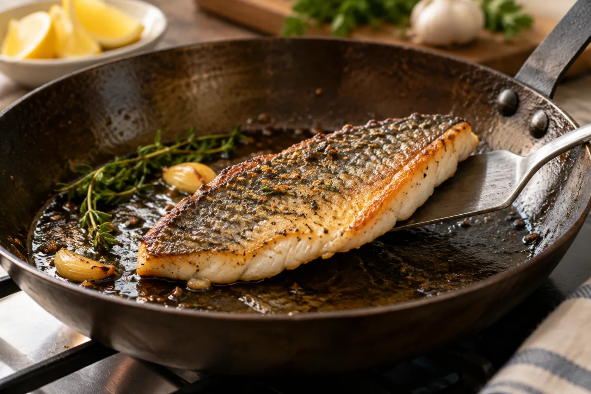 Crispy-skinned fish releasing cleanly from a carbon steel pan