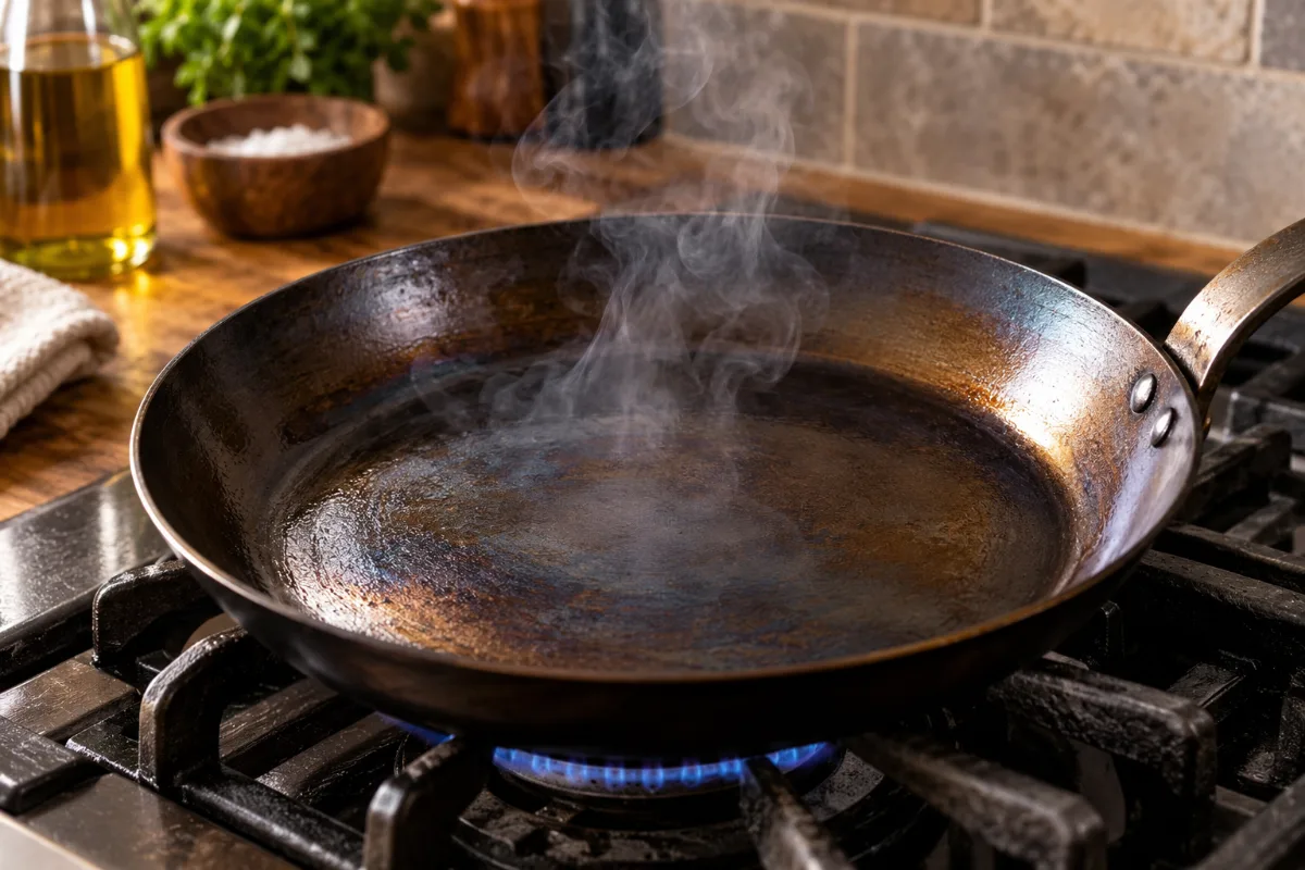 Light smoke rising from a carbon steel pan during seasoning