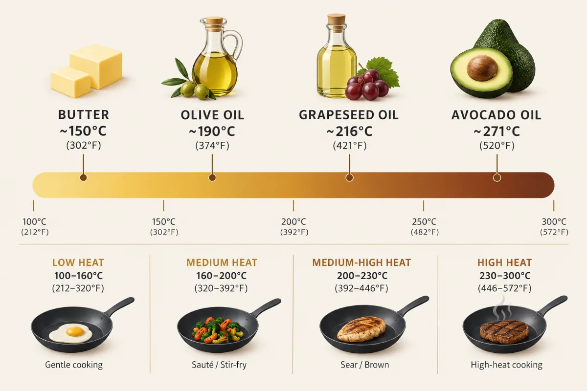 An oil smoke-point chart bar showing butter and olive oil low, grapeseed and avocado high, with the cooking-heat zones m