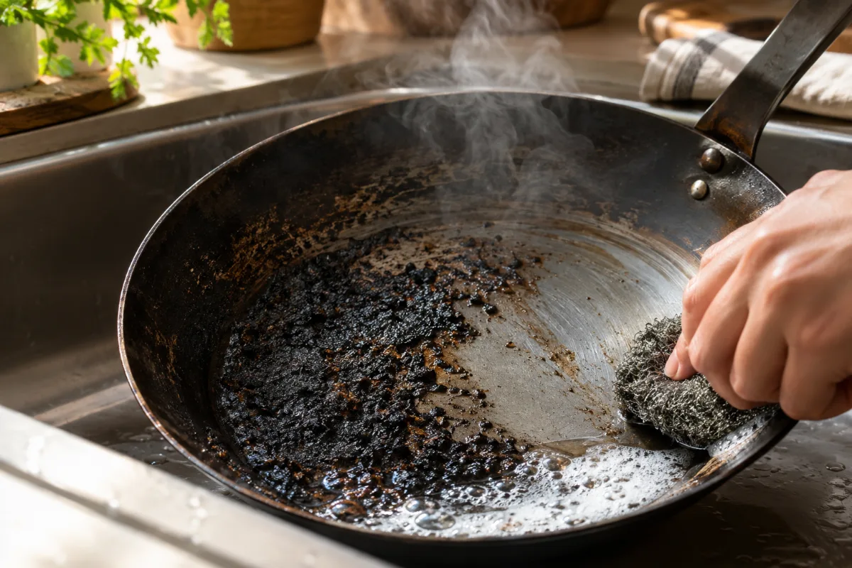 Cleaning burnt residue off a smoking carbon steel pan