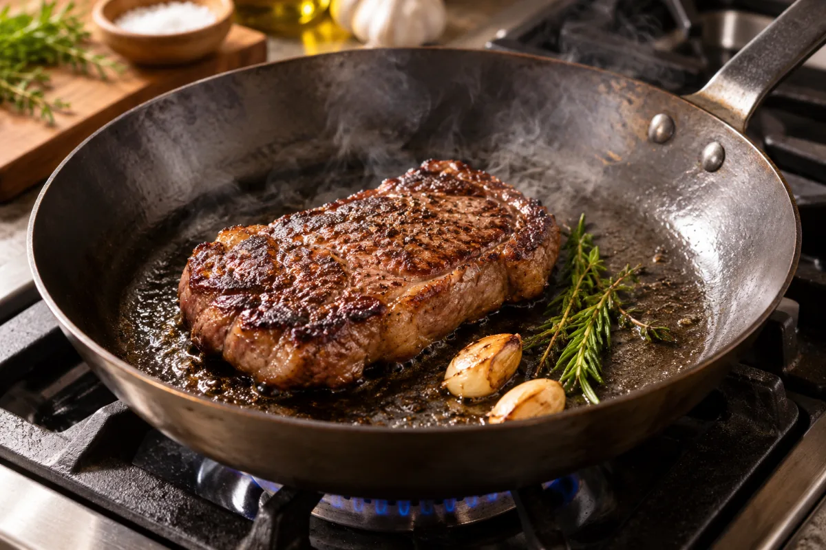Thick carbon steel pan holding heat for searing