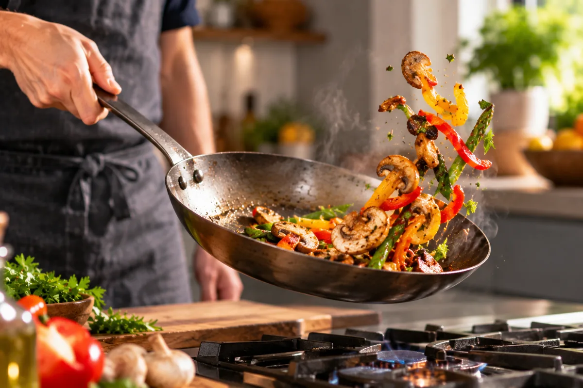 Thin carbon steel pan being tossed easily