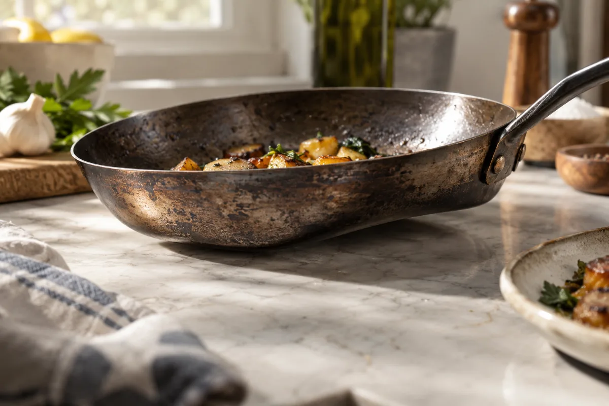 Warped carbon steel pan base that no longer sits flat