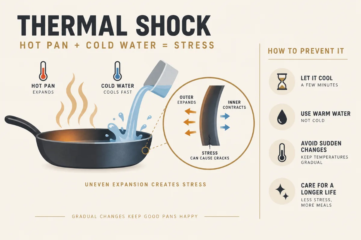 a thermal-shock diagram showing a hot pan meeting cold water, with expansion arrows marking the uneven stress, plus a sh