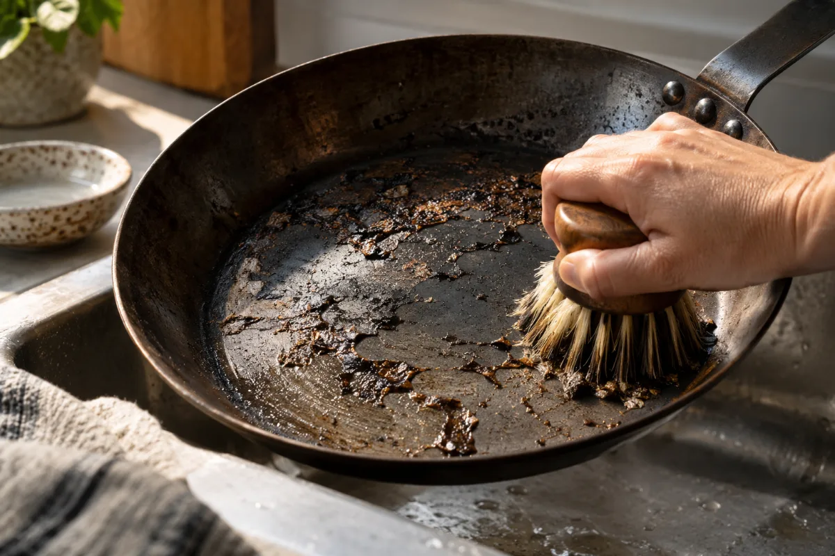 Scrubbing flaking seasoning off a carbon steel pan