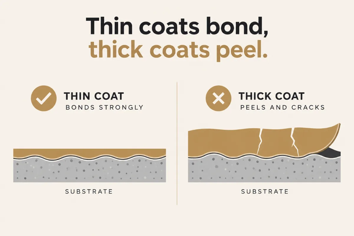 a “thin coats bond, thick coats peel” cross-section graphic showing a thin bonded layer next to a thick, cracking one.