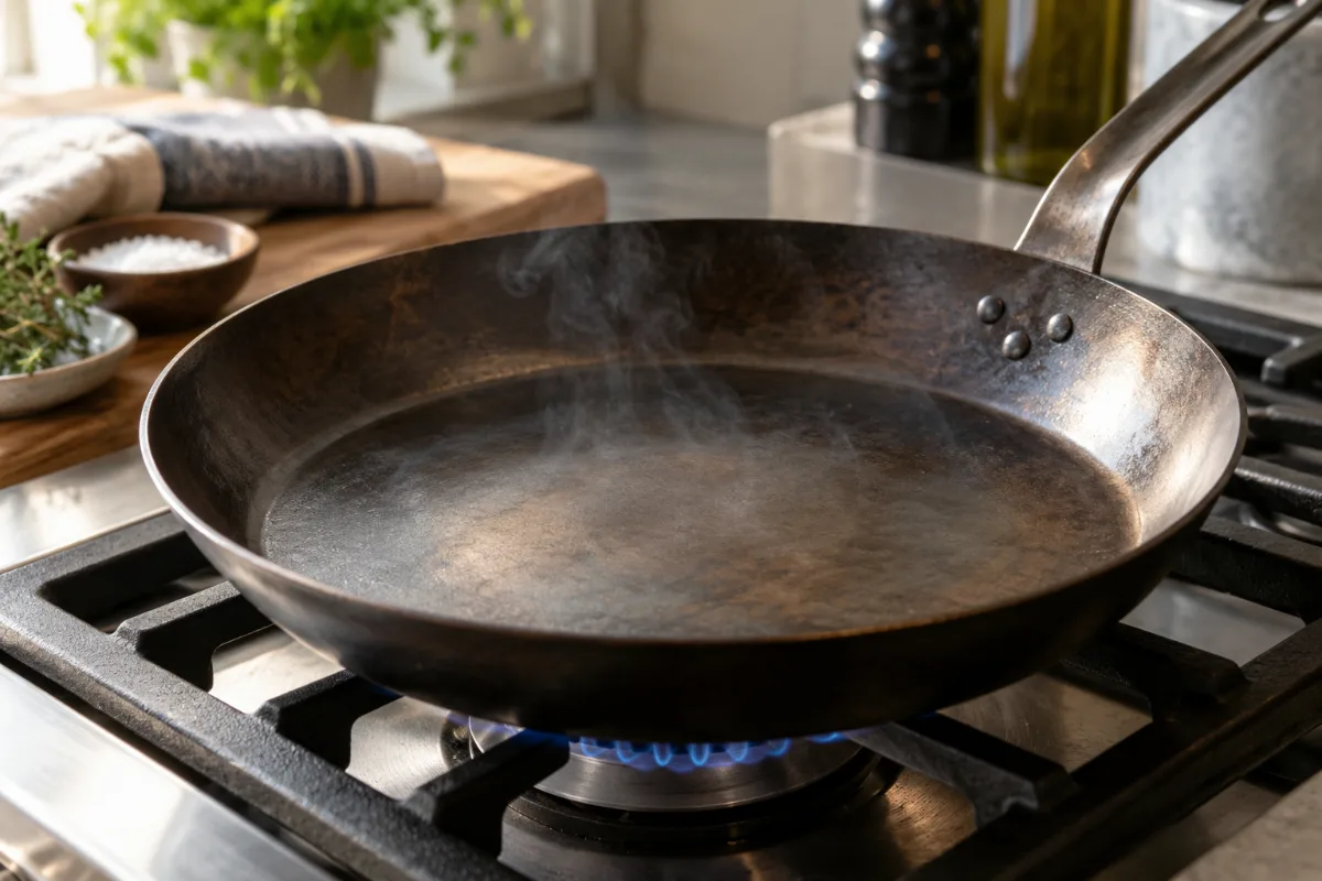 Drying a carbon steel pan over heat to prevent storage rust