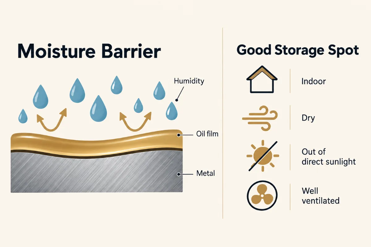 A moisture-barrier cross-section showing how an oil film blocks humidity from reaching the metal, plus a storage-spot ch