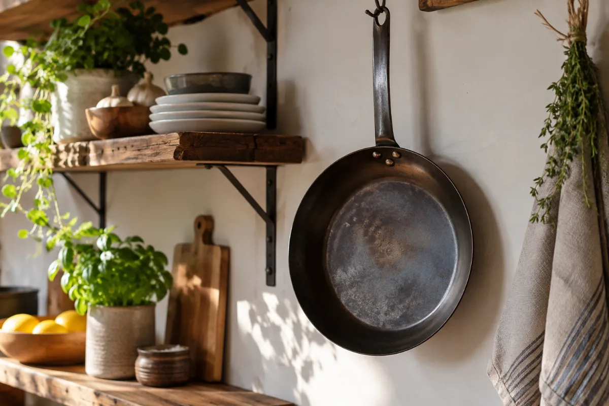 Carbon steel pan hanging in a dry airy spot to avoid rust