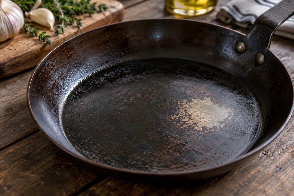 Bare worn spot in carbon steel seasoning that needs re-seasoning