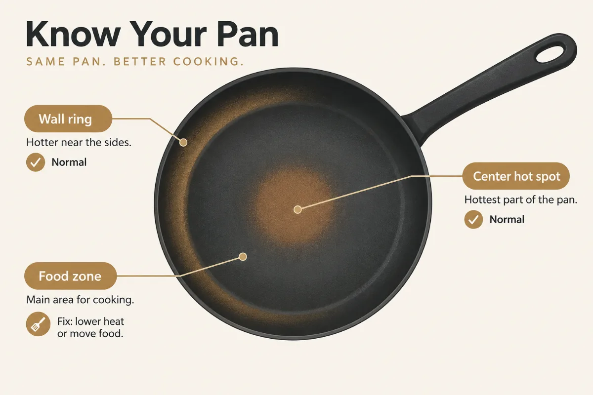 a labelled pan diagram pointing at typical patches (center hot spot, wall ring, food zone) with a “normal” or “fix” tag 