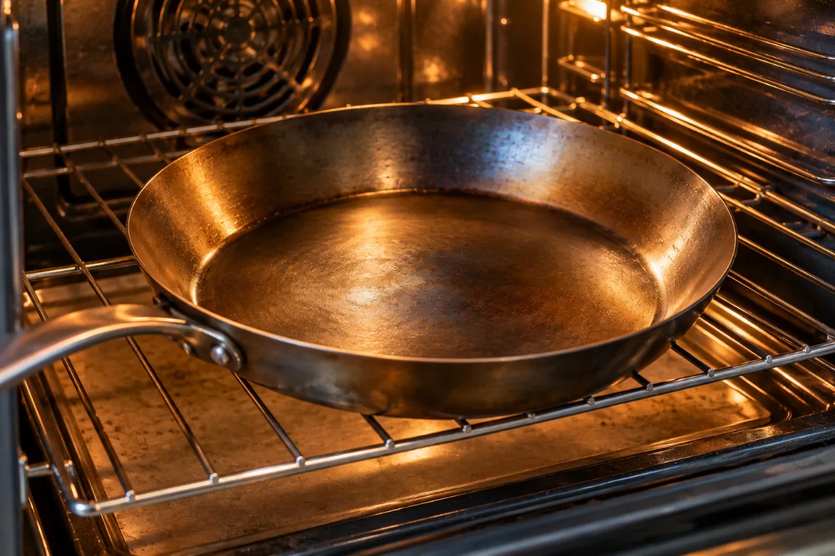 Seasoning a carbon steel pan in the oven for even color