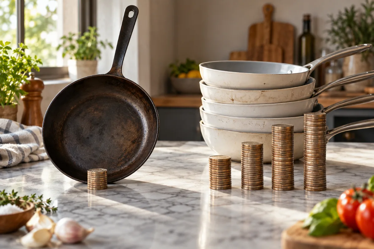 A “cost per year” bar comparing one carbon steel pan used for decades against ceramic pans replaced every couple of year