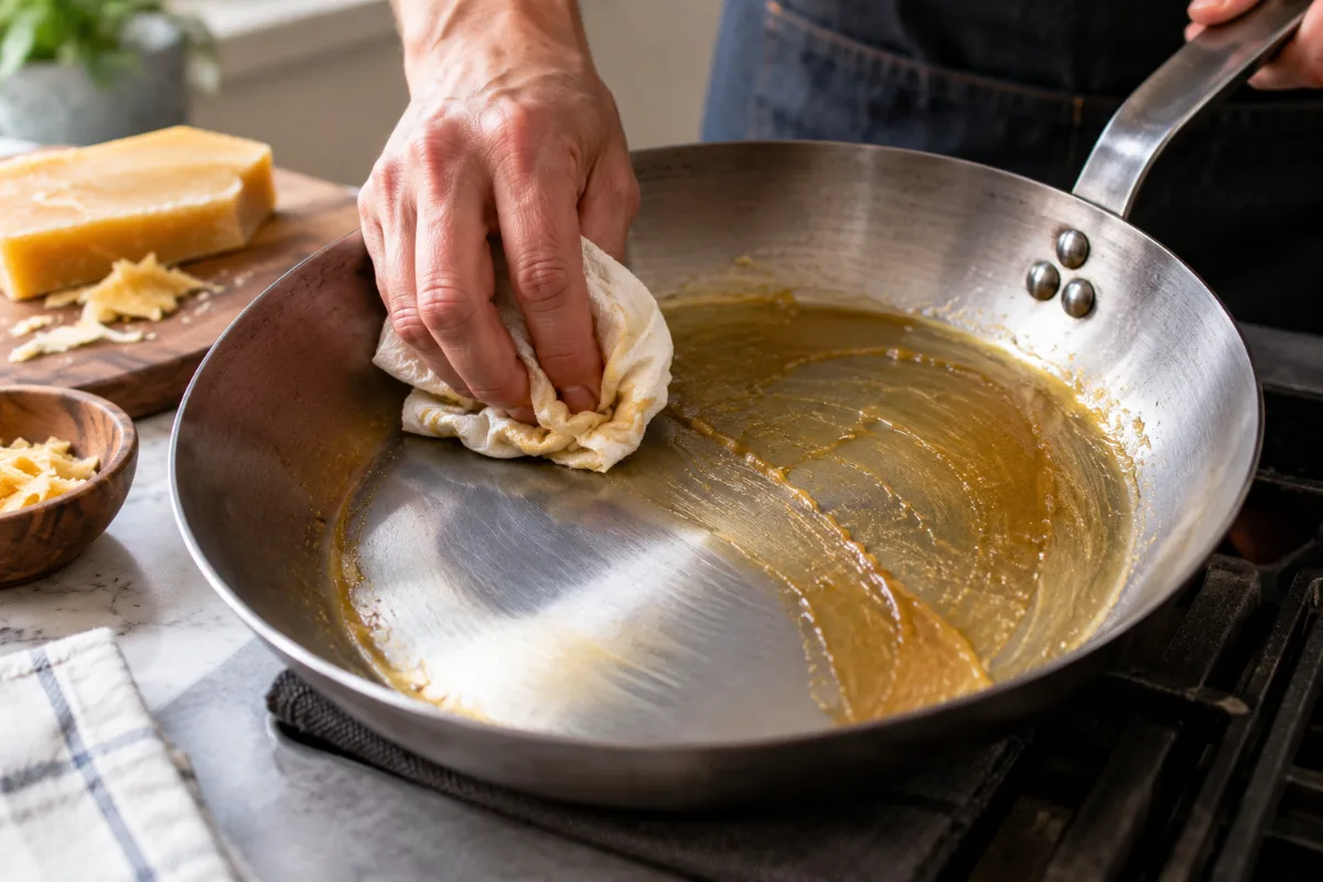 Removing the beeswax factory coating from a de Buyer pan