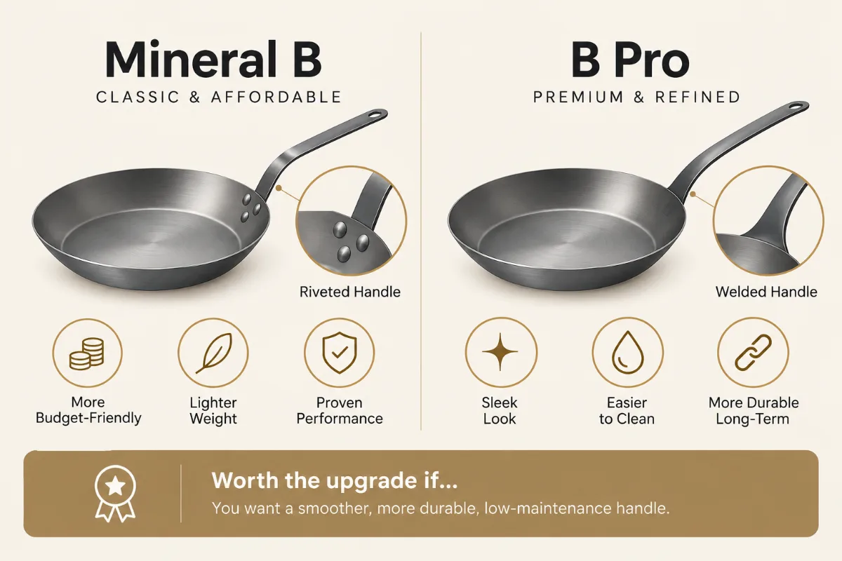 a two-column comparison card of Mineral B vs B Pro with the handle difference illustrated and a “worth the upgrade if…” 