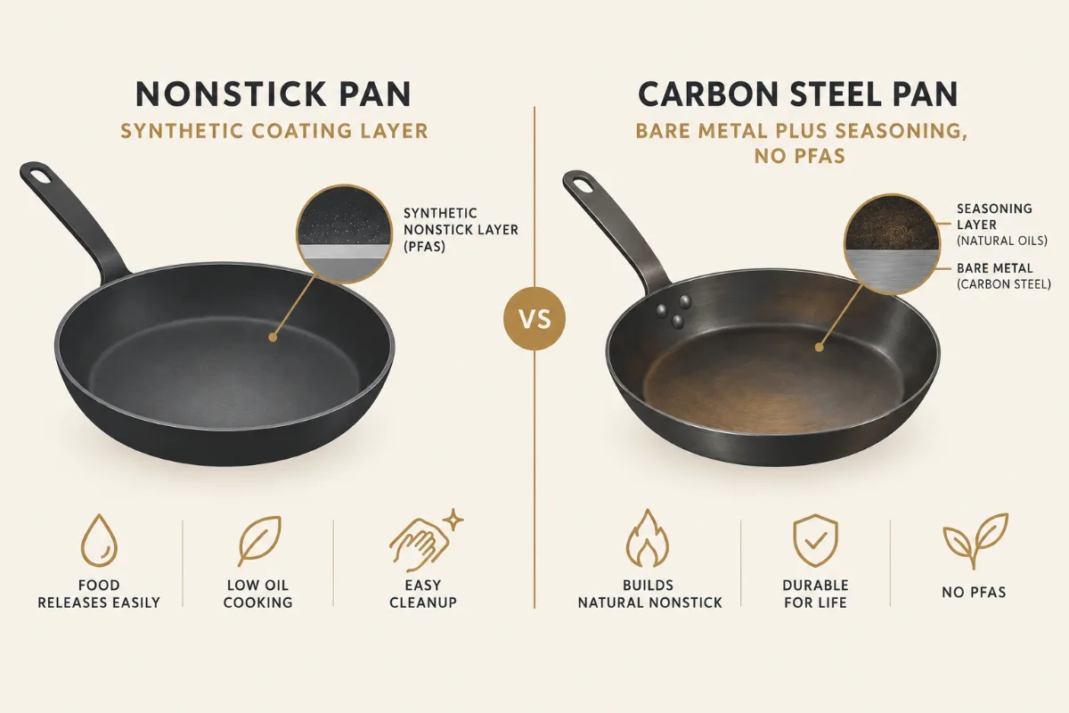 A simple ‘coating vs no coating’ split graphic, with a nonstick pan and a labelled synthetic layer on the left, and a ca
