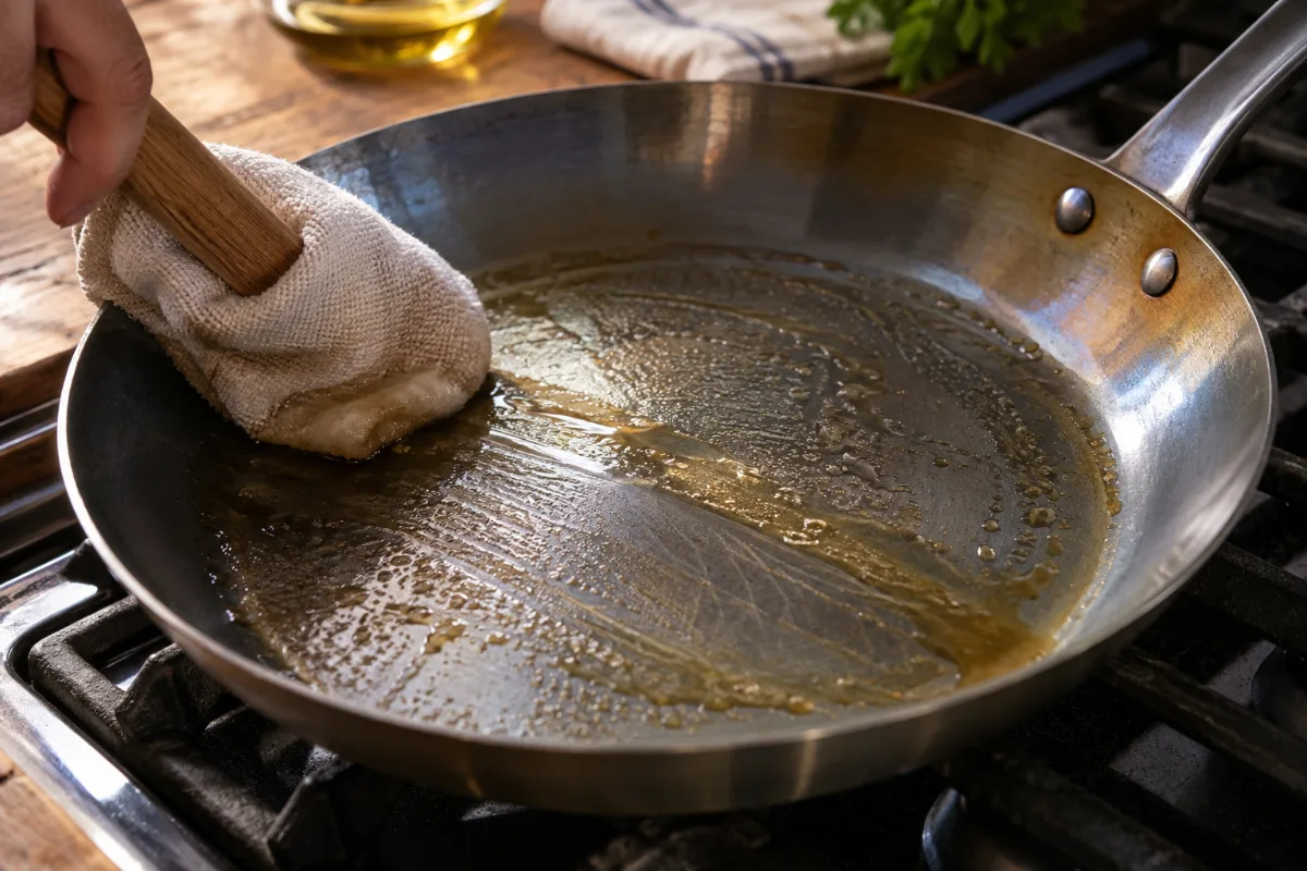 Removing the beeswax factory coating from a new carbon steel pan