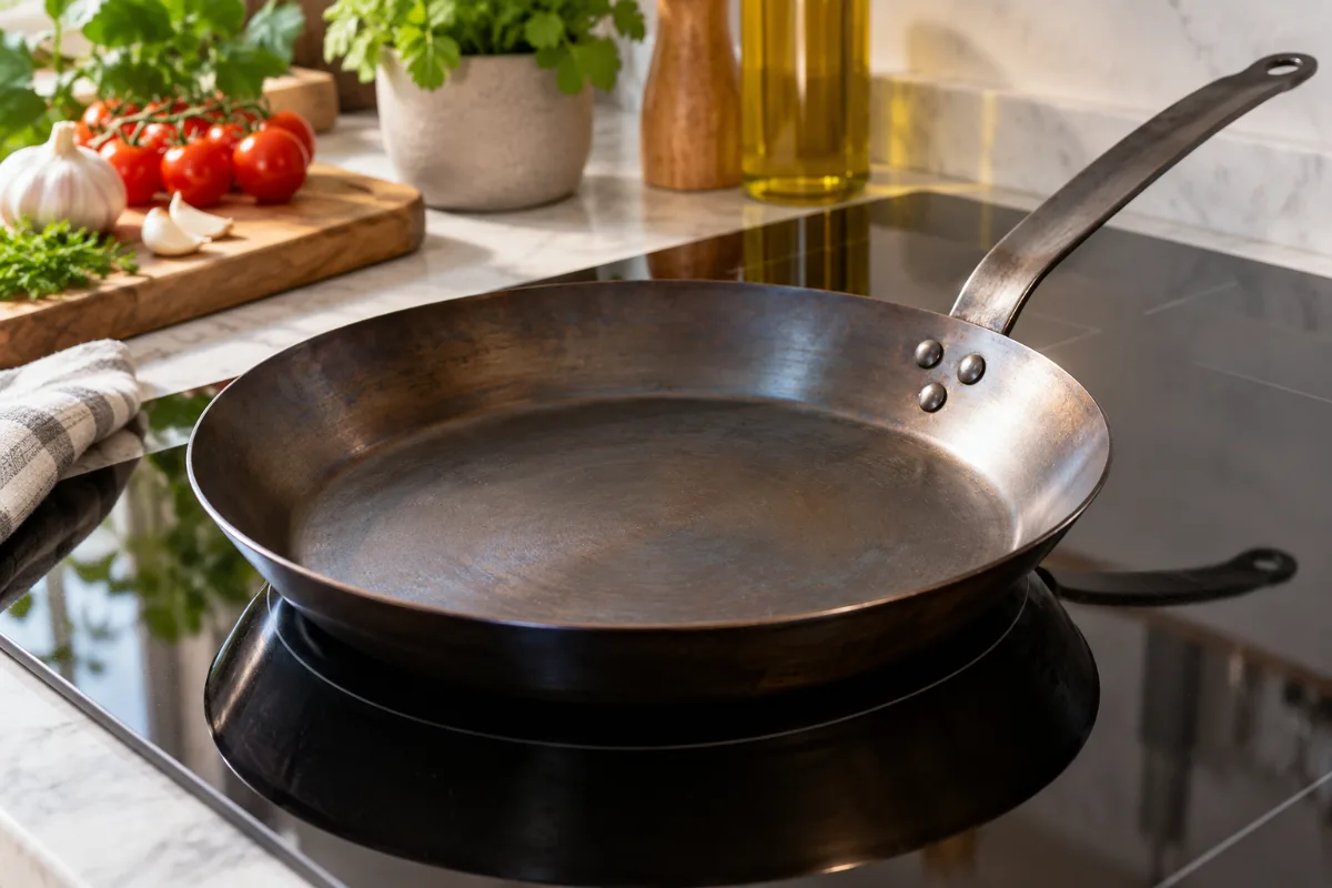 Carbon steel pan positioned flat on a glass induction cooktop