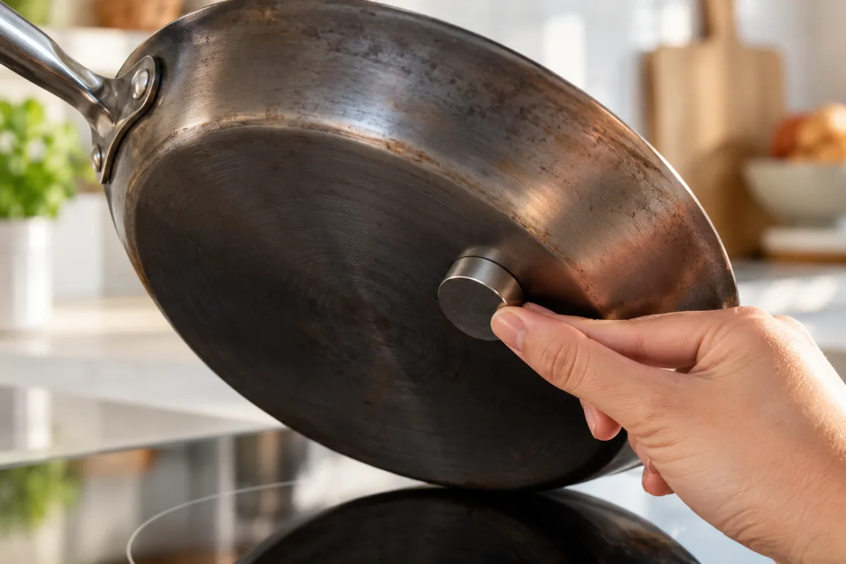 Magnet test showing a carbon steel pan is induction compatible