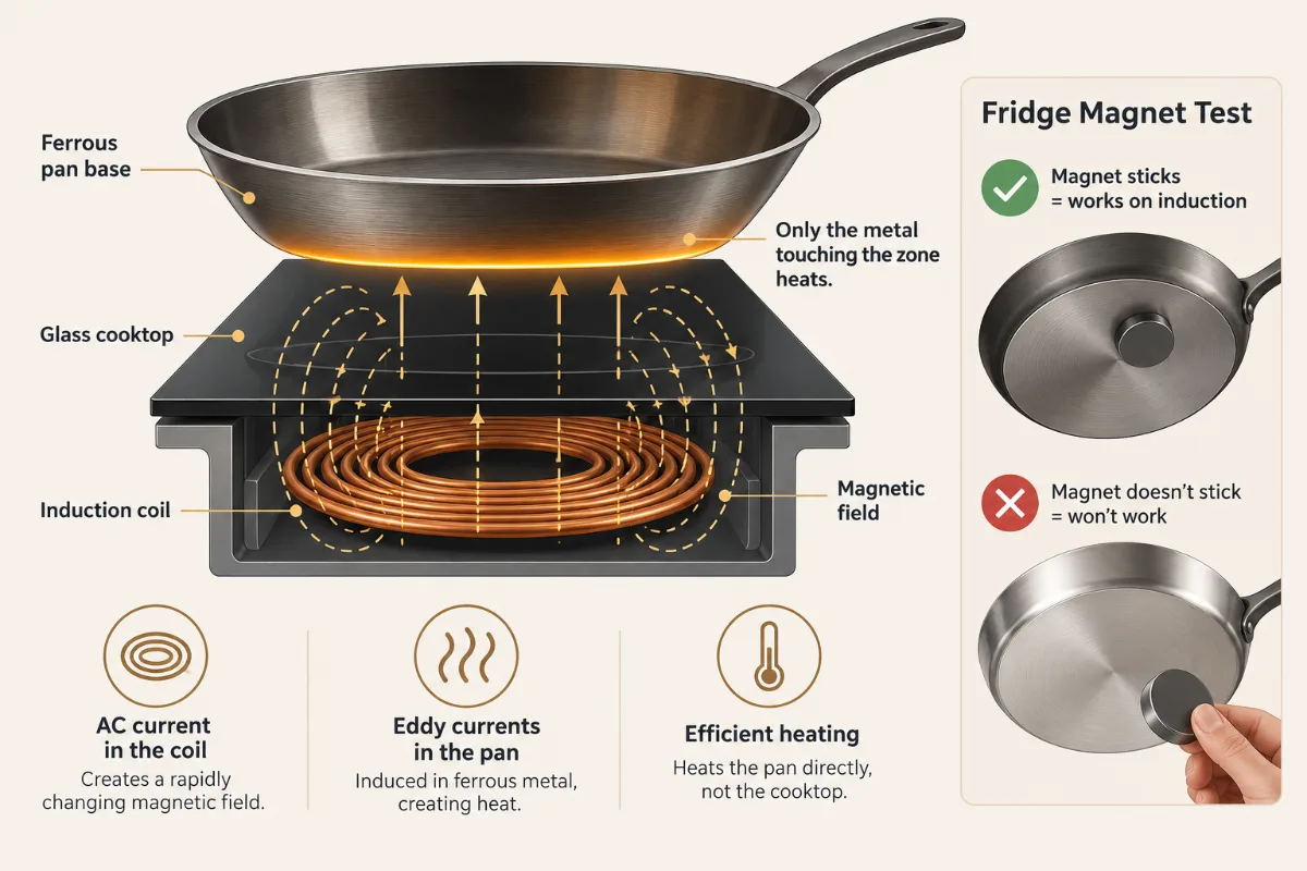 Cutaway diagram of an induction zone showing the coil, magnetic field lines, and a ferrous pan base heating. Callout: “O