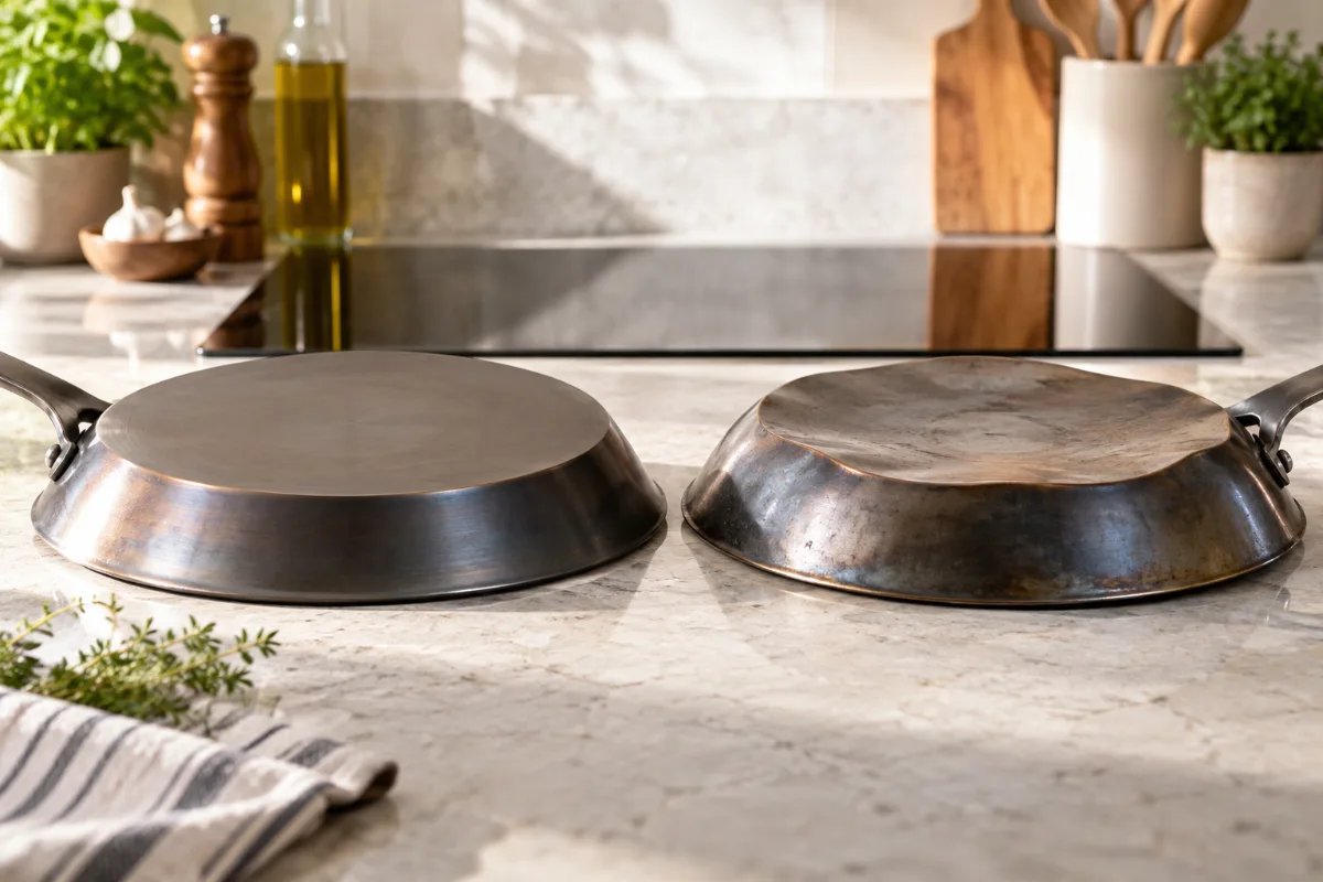 Flat versus warped carbon steel pan base for induction performance